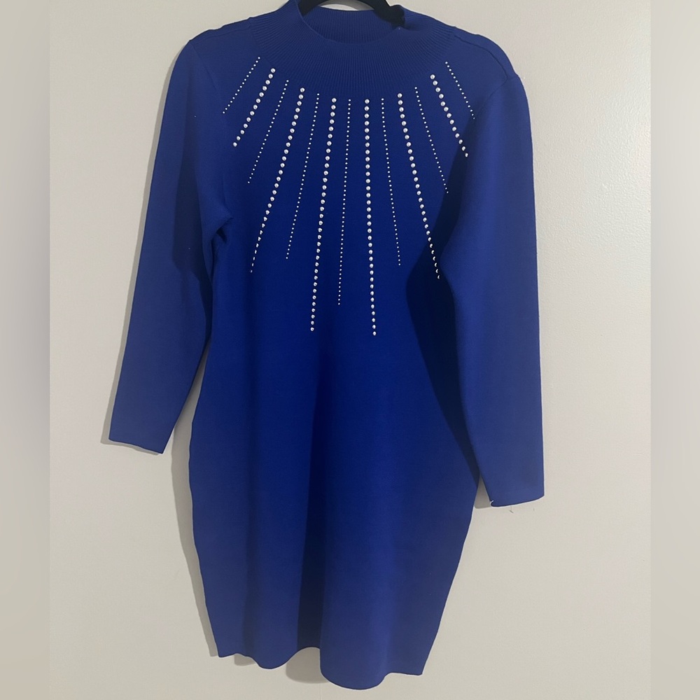 Chic Long Sleeve Blue Dress with Silver Rhinestone Accents Size- Petite Large